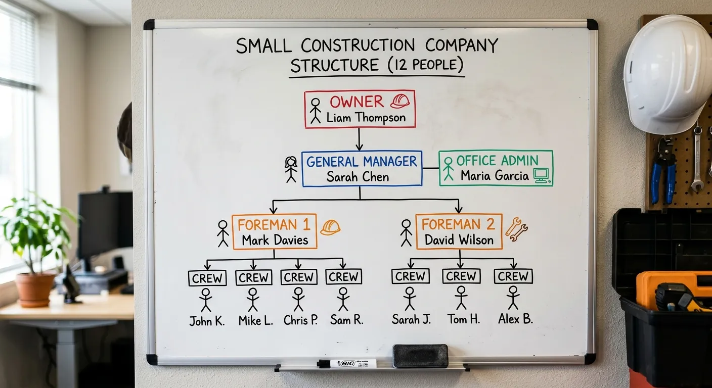 An office whiteboard with a hand-drawn org chart for a twelve-person construction company: owner at the top, general manager and office admin below, then two foremen with seven crew members between them.