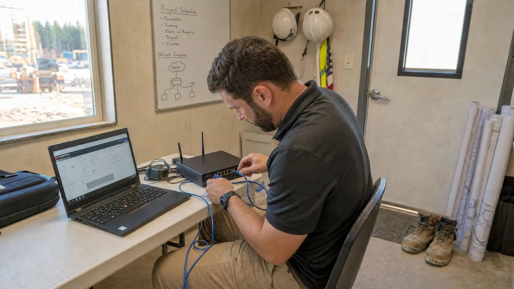 IT technician configuring network router at construction job site in Oregon