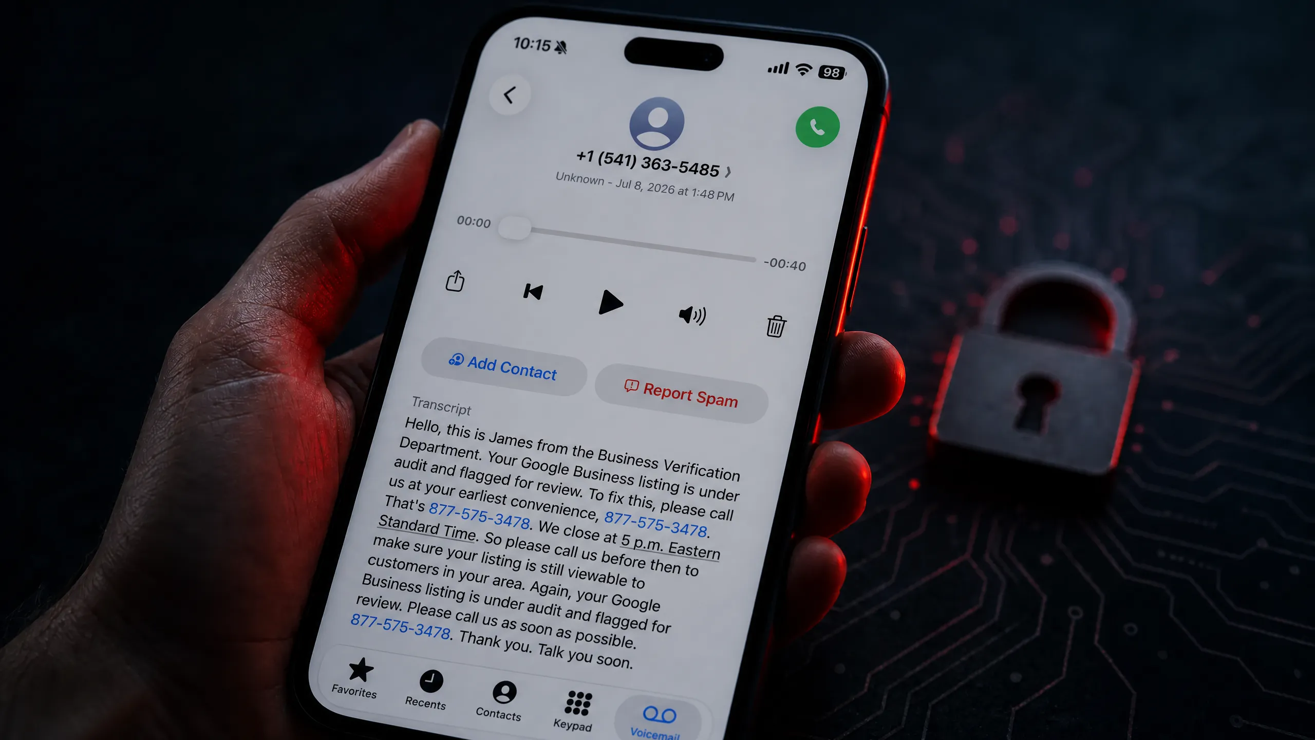 Smartphone showing an incoming call from Google Business Support with a red warning alert and voicemail notification